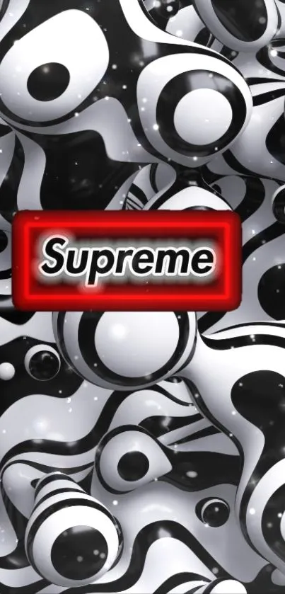 Abstract black and white wallpaper with red Supreme logo.