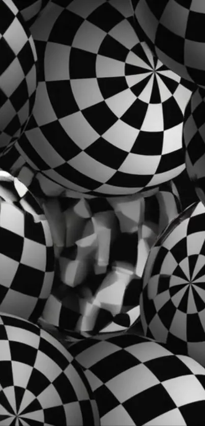 Abstract black and white spheres create a striking visual pattern.