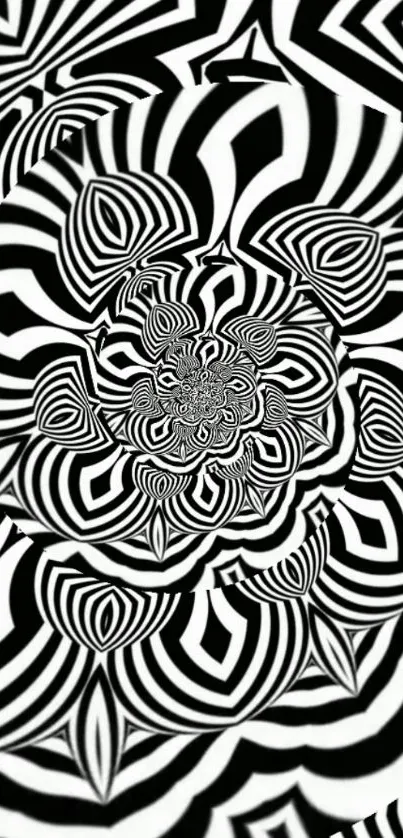 Intricate black and white spiral abstract pattern for mobile wallpaper.