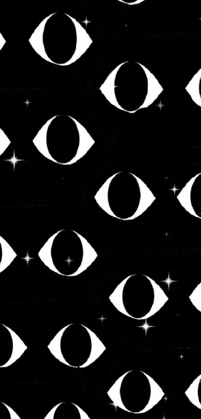 Abstract black wallpaper with eye patterns and stars.