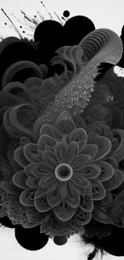 Abstract black flower design on a mobile wallpaper.