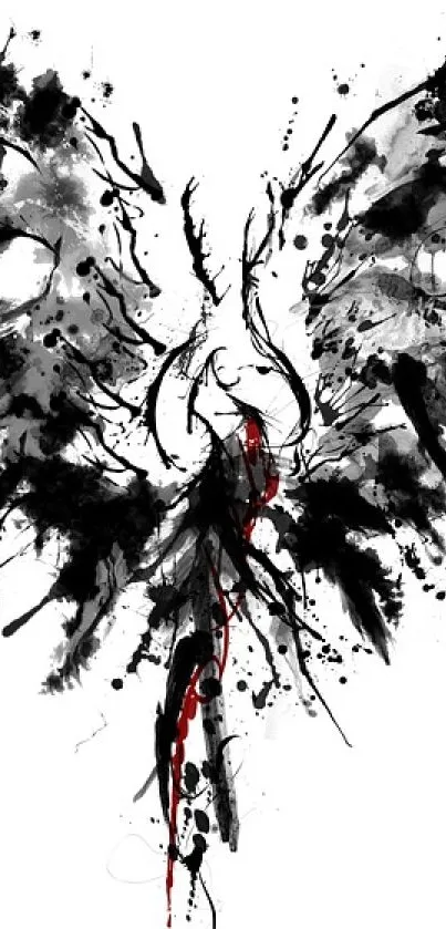 Abstract black ink wings with red splashes on a white background.