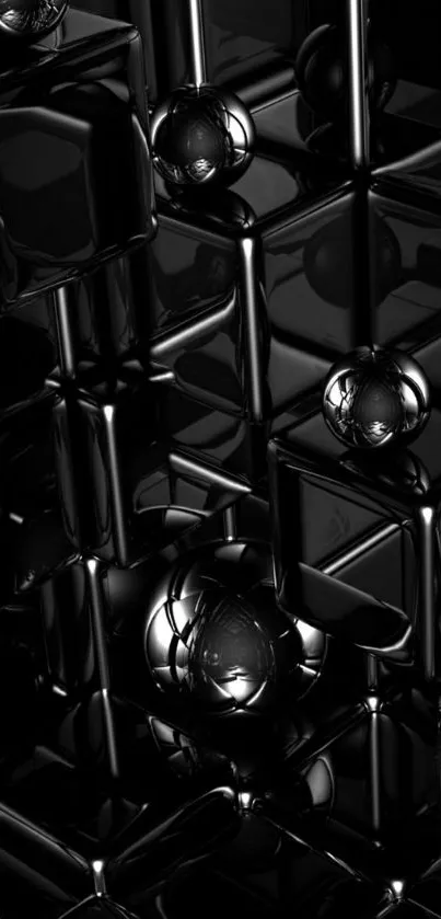 Abstract black wallpaper with metallic 3D spheres and cubes.