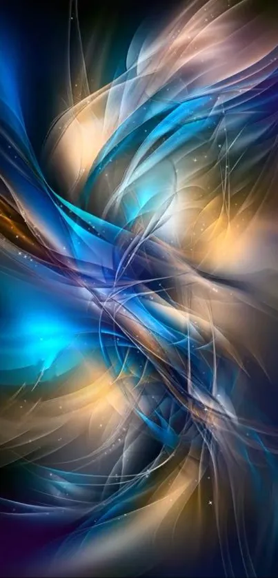 Abstract mobile wallpaper with blue and gold flowing patterns.