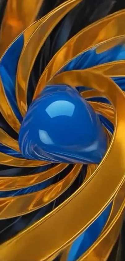 Abstract blue and gold swirling pattern wallpaper.