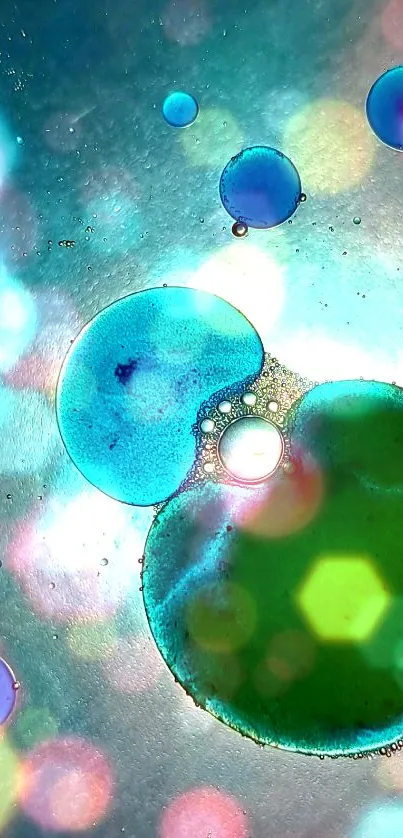 Abstract blue and green bubbles on a shimmering background