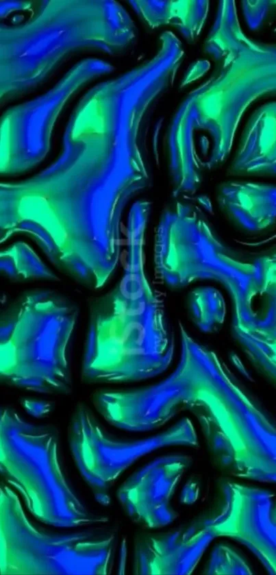 Abstract wallpaper with blue and green swirling waves.