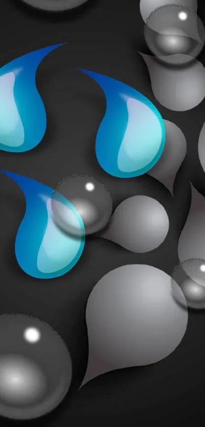 Abstract wallpaper with blue droplets and grey spheres on a black background.