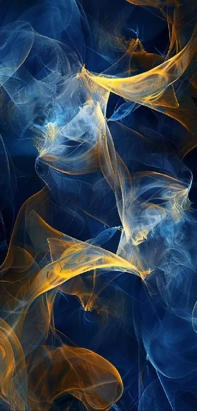 Abstract wallpaper with blue and orange swirling waves in a digital art style.