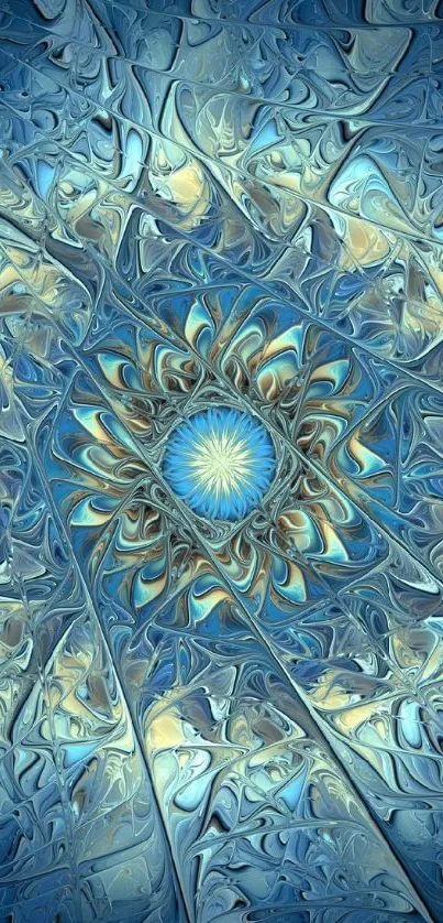 Abstract blue design with radiant center in art wallpaper.