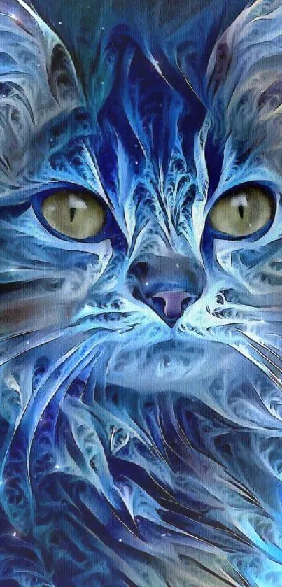 Abstract art of a blue cat with striking yellow eyes.