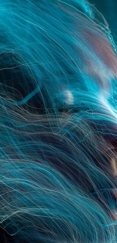 Abstract blue light waves swirl elegantly around a human face.