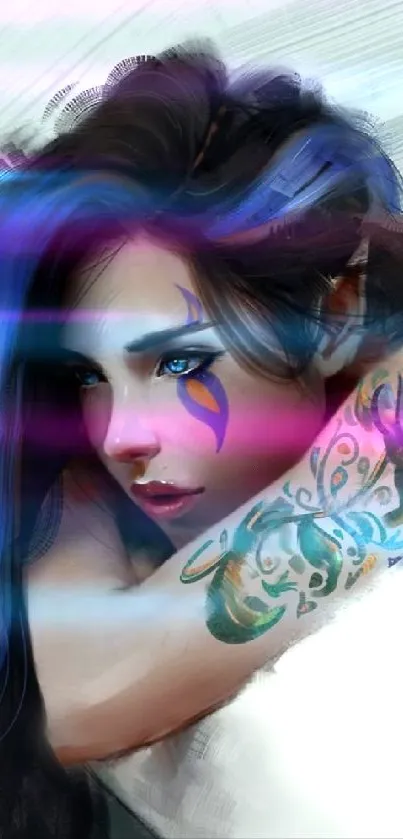 Abstract fantasy artwork with blue highlights and intricate tattoo design.