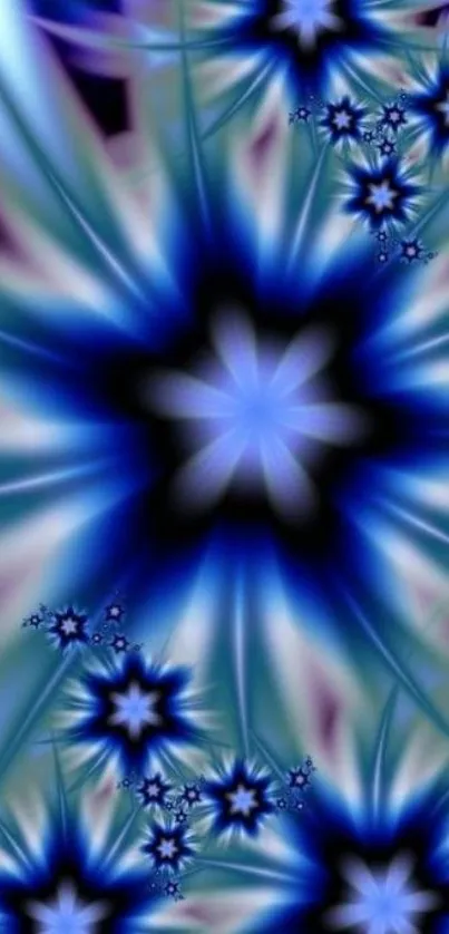 Abstract blue floral wallpaper with starburst design.