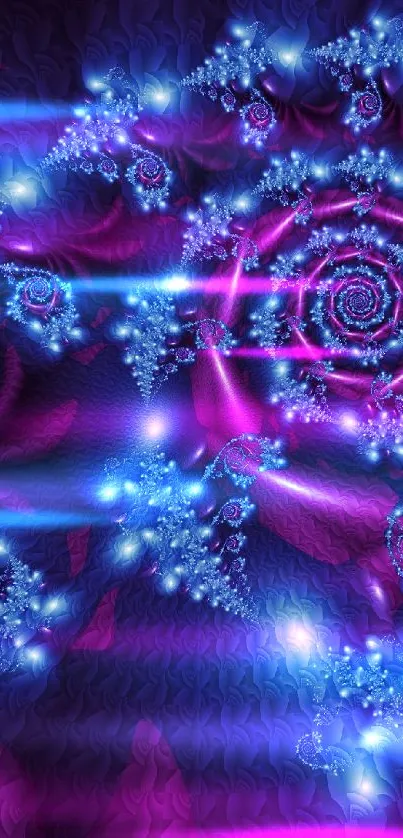 Intricate blue fractal art with glowing spirals and geometric patterns.