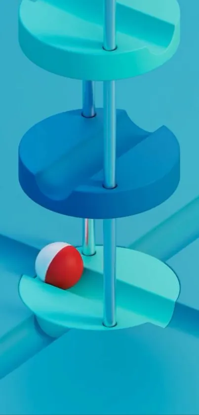 Abstract blue geometric artwork with red ball accent.