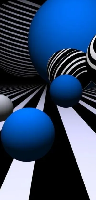 Abstract wallpaper with blue spheres and striped pattern