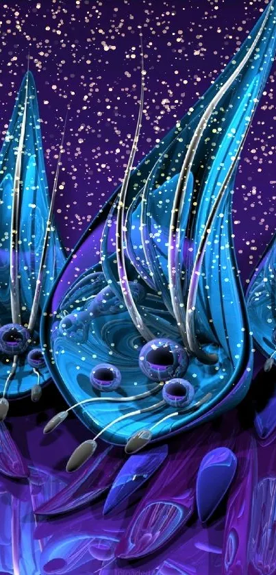 Abstract blue glass art with vibrant colors on a purple backdrop.