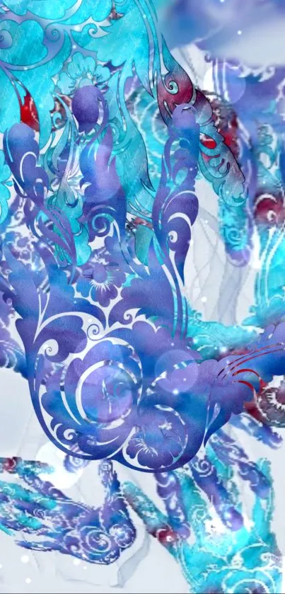 Abstract blue hands on a smoky white wallpaper with swirling patterns.