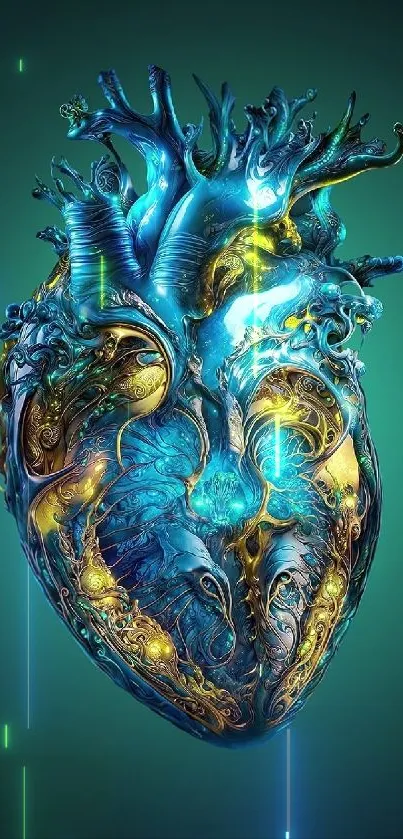 Abstract blue and gold heart artwork with intricate designs.