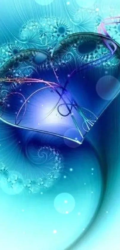 Abstract blue heart with fractal patterns on mobile wallpaper.