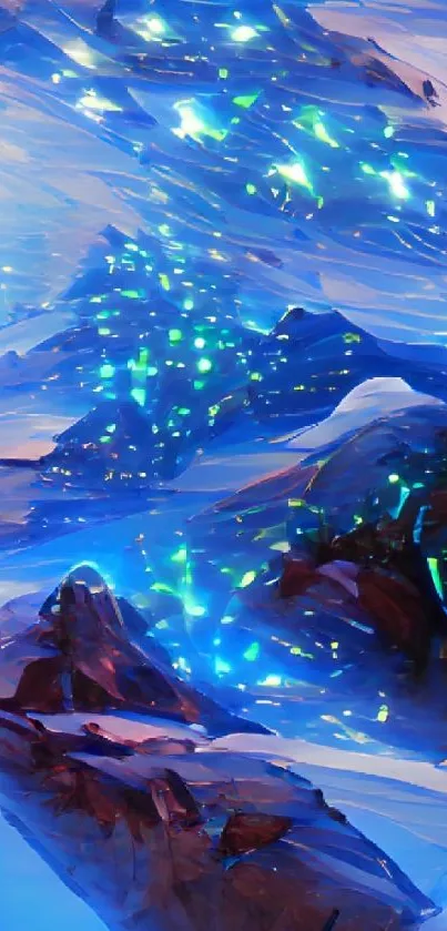 Abstract blue mountain landscape with glowing accents.