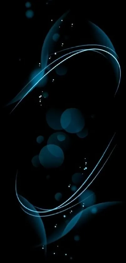 Abstract blue curves on black wallpaper with neon glow.