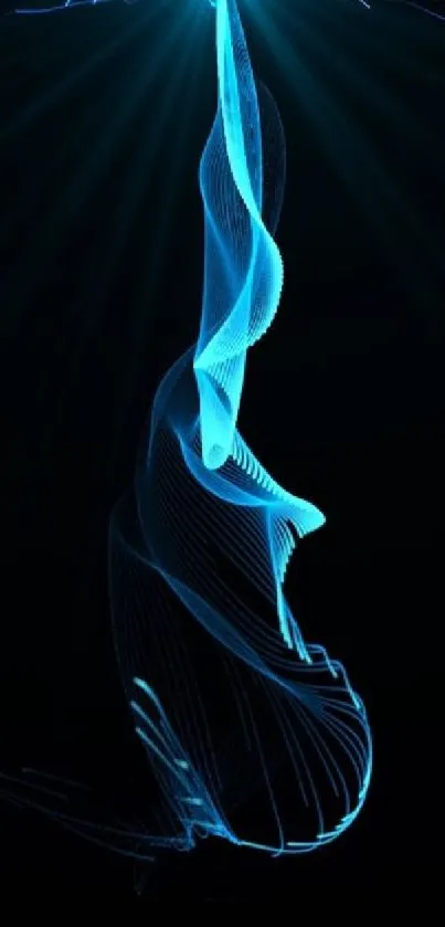 Abstract mobile wallpaper with blue neon waves on a dark background.