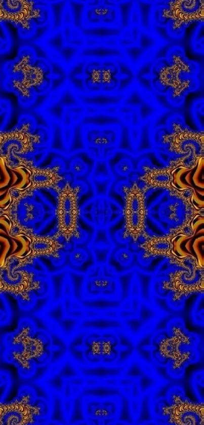 Abstract wallpaper with blue and gold intricate patterns.