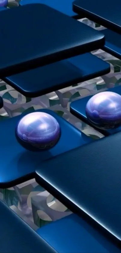 Abstract geometric design with blue pearls on layered background.