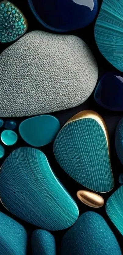 Abstract blue and teal pebbles with textured patterns.