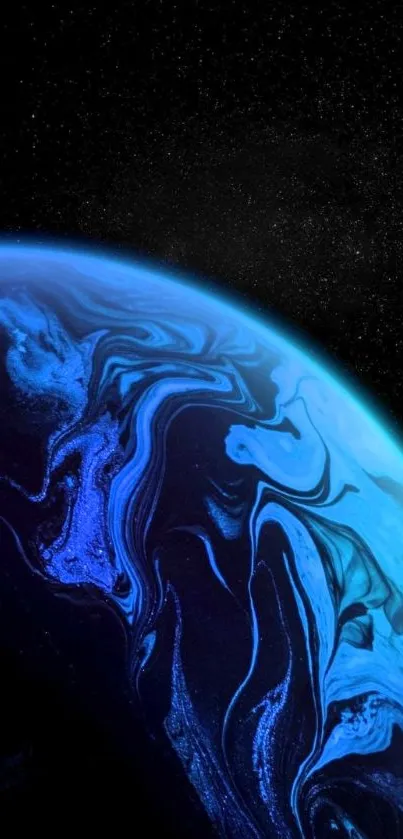 Abstract dark blue swirling planet on cosmic black background.