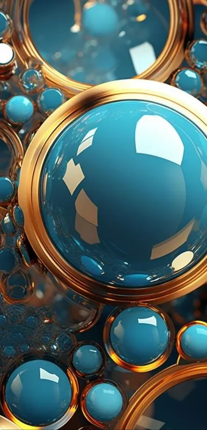 Abstract wallpaper with blue spheres and gold accents.