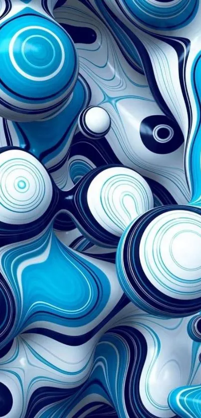 Abstract blue swirl pattern with dynamic spherical shapes.