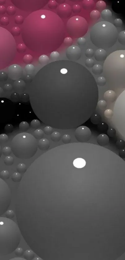 Abstract bubble wallpaper with pink and gray orbs on a dark background.