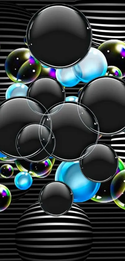 Abstract phone wallpaper with colorful bubbles on a black striped background.