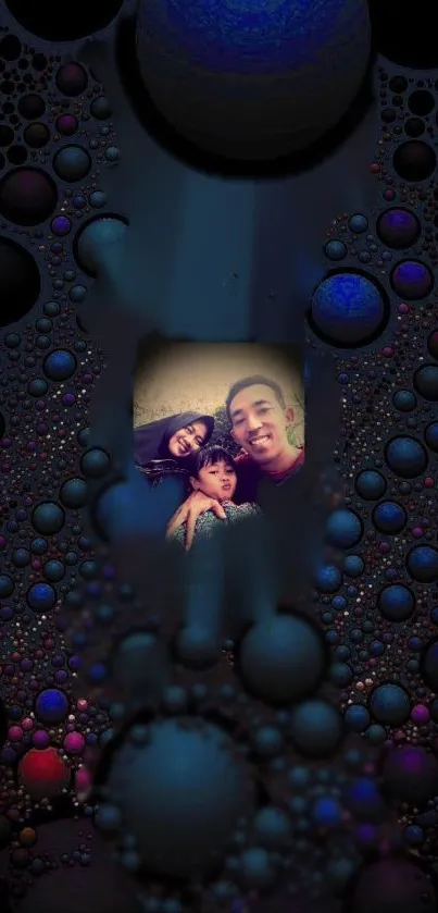 Mobile wallpaper with a family photo surrounded by colorful bubbles.