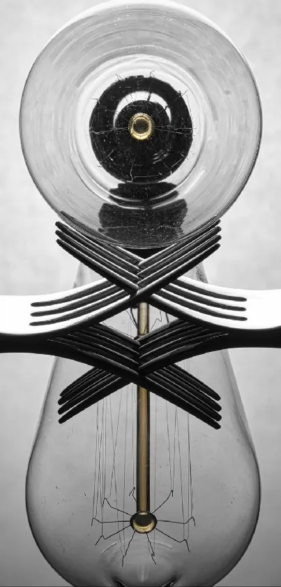 Abstract light bulb with forks in grayscale design.