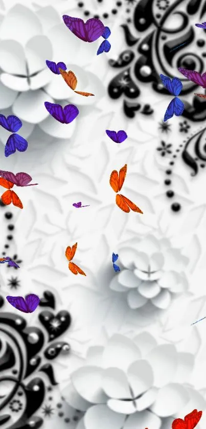 Vibrant butterflies over abstract black and white floral design.