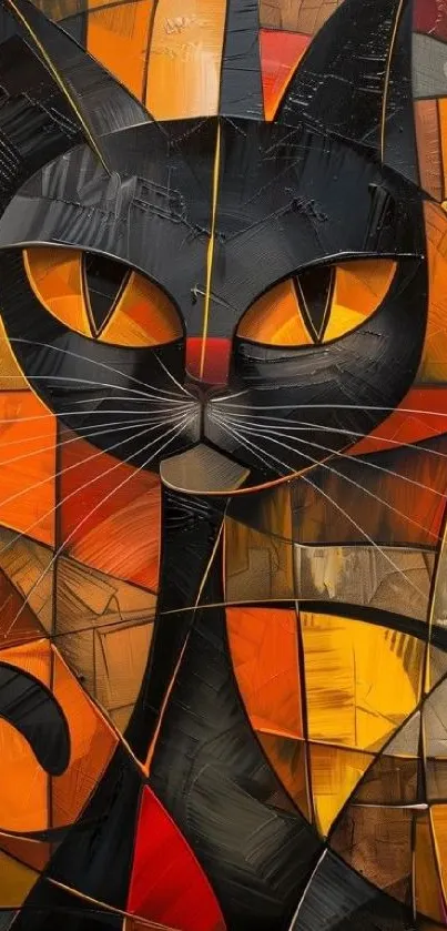 Abstract geometric cat artwork in vibrant colors.