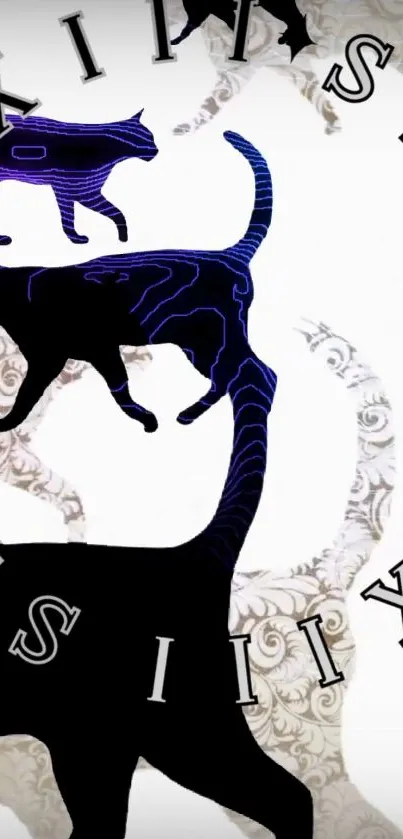 Abstract cat design with lettering in black and blue on patterned background.