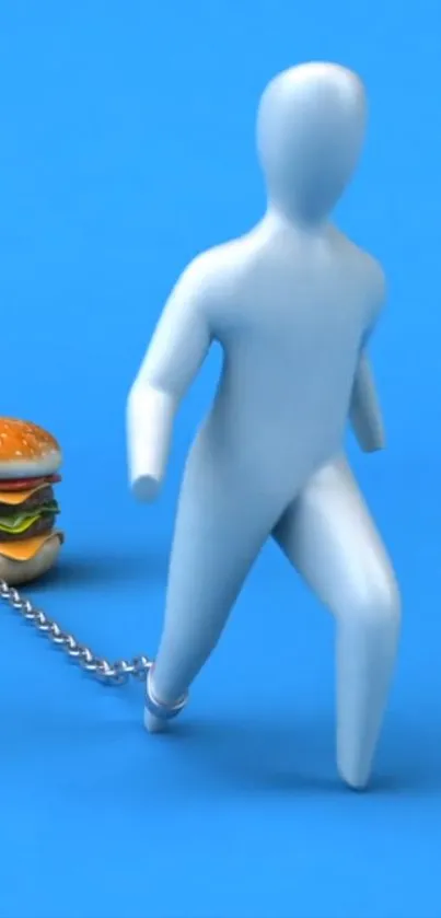 Abstract figure chained to a burger on blue background.