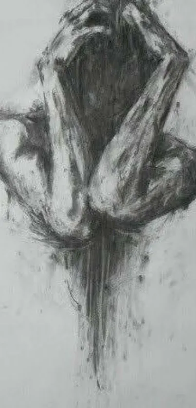 Abstract charcoal sketch of a figure with arms raised, in grayscale.