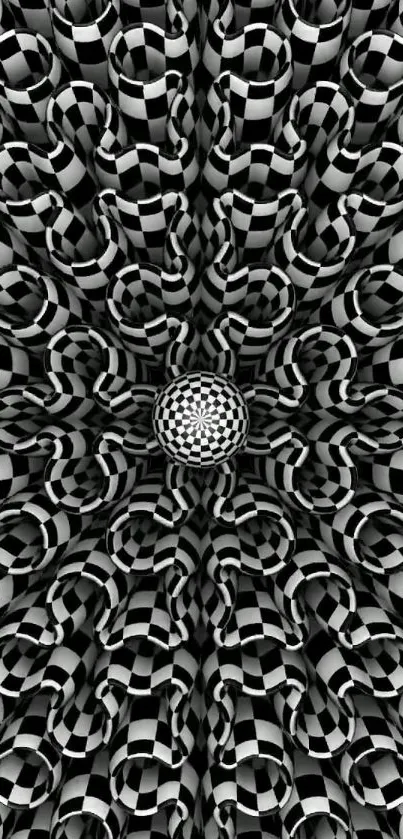 Abstract black and white circular pattern creating an optical illusion effect.