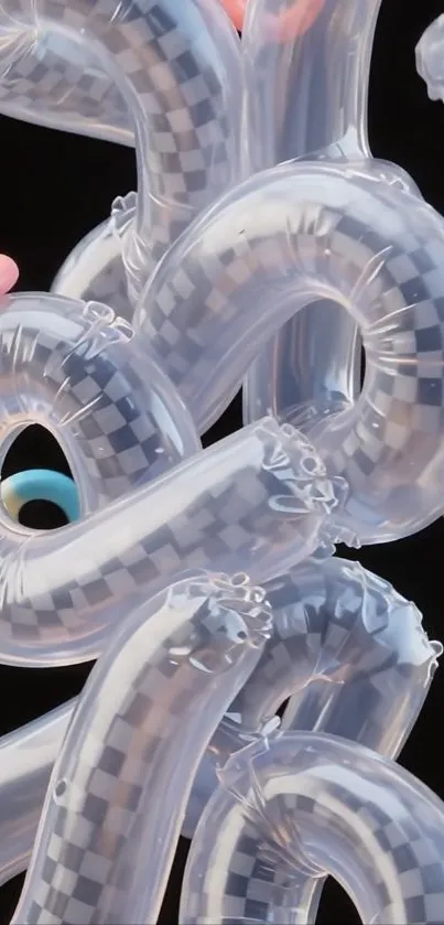 Checkered balloons with colorful loops, black backdrop