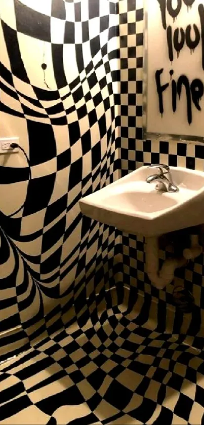 Black and white checkered illusion artwork in a room with unique styling.