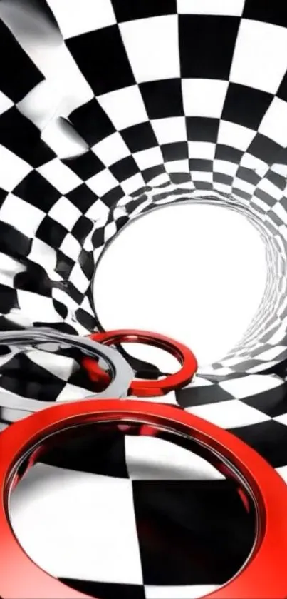 3D abstract checkered design with red rings creating an optical illusion.