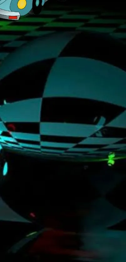 Abstract checkered sphere with neon accents in a dark teal theme.