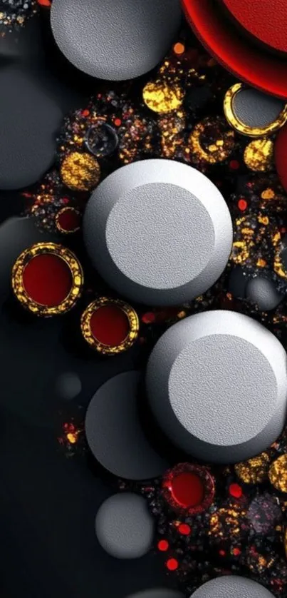Abstract wallpaper with circles and textures in red, black, and metallic hues.