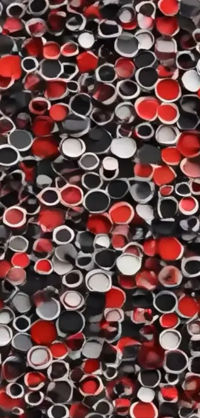 Abstract wallpaper with red circles and geometric pattern.